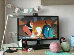 Size: 1280x960 | Tagged: safe, cozy glow, lord tirek, queen chrysalis, centaur, changeling, changeling queen, pegasus, pony, taur, g4, the beginning of the end, cyrillic, female, irl, photo, picture of a screen, russian, subtitles, television, trio