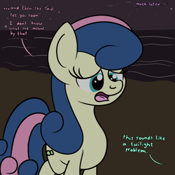 Size: 2000x2000 | Tagged: safe, artist:dafiltafish, bon bon, sweetie drops, earth pony, pony, comic:day by day, g4, beach, comic, dialogue, female, frown, high res, implied lyra, mare, night, ocean, offscreen character, open mouth, outdoors, solo, speech bubble, tail, talking, water