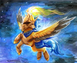 Size: 2062x1681 | Tagged: safe, artist:sn0wy18, pegasus, pony, armor, commission, crossover, flying, helmet, league of legends, solo, spread wings, wings