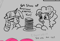 Size: 348x236 | Tagged: safe, artist:jargon scott, pinkie pie, twilight sparkle, earth pony, pony, unicorn, g4, 64 slices of american cheese, american cheese, cheese, duo, female, food, gray background, male, mare, simple background, sketch, sliced cheese, the simpsons, tongue out, wavy mouth