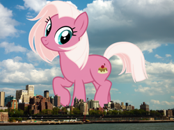 Size: 1200x898 | Tagged: safe, artist:cheezedoodle96, artist:thegiantponyfan, edit, fuchsia frost, earth pony, pony, g4, brooklyn, female, friendship student, giant pony, giant/macro earth pony, giantess, highrise ponies, irl, looking at you, macro, mare, mega giant, new york, photo, ponies in real life, raised hoof, smiling, smiling at you, standing on two hooves, story included