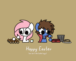 Size: 1200x960 | Tagged: safe, artist:sugar morning, oc, oc only, oc:bizarre song, oc:sugar morning, animated, brush, cape, clothes, cooking, couple, cute, easter, easter egg, egg, female, frying pan, gif, happy easter, holiday, male, oc x oc, ocbetes, omelette, painting, shipping, simple background, stove, straight, sugarre, text, trash can