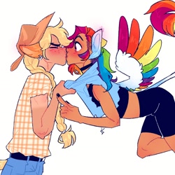 Size: 1812x1812 | Tagged: safe, artist:viggyverse, applejack, rainbow dash, human, g4, alternate hairstyle, blushing, choker, clothes, colored wings, colored wingtips, duo, ear piercing, earring, eyes closed, female, flannel, floppy ears, flying, freckles, humanized, jewelry, kiss on the lips, kissing, leonine tail, lesbian, midriff, nail polish, piercing, pony ears, ship:appledash, shipping, shirt grab, shorts, simple background, sports bra, sports shorts, spread wings, surprised, tail, tailed humanization, white background, wide eyes, winged humanization, wings