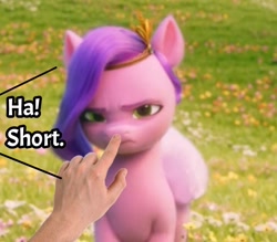 Size: 720x632 | Tagged: safe, edit, edited screencap, screencap, pipp petals, human, pegasus, pony, g5, my little pony: a new generation, spoiler:my little pony: a new generation, angry, boop, boop edit, female, mare, offscreen character, pipp is short