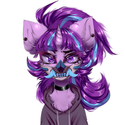 Size: 2048x2048 | Tagged: safe, artist:mysha, starlight glimmer, pony, unicorn, collaboration:choose your starlight, g4, clothes, collaboration, ear piercing, earring, high res, hoodie, horn, jewelry, mask, piercing, purple eyes, simple background, solo, white background