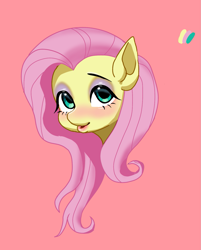 Size: 1285x1600 | Tagged: safe, artist:zzugguri, fluttershy, pegasus, pony, g4, blushing, eyelashes, eyeshadow, green eyes, head only, makeup, pink background, pink hair, simple background, solo, yellow coat
