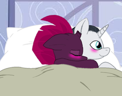 Size: 3787x2993 | Tagged: safe, artist:decokenite, chancellor neighsay, fizzlepop berrytwist, tempest shadow, pony, unicorn, g4, base used, bed, blushing, broken horn, duo, ears back, eyes closed, female, floppy ears, high res, horn, hug, hug from behind, hugging a pony, makeup, male, mare, room, shipping, sleeping, smiling, stallion, straight, tempest neighsay, wide eyes
