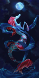 Size: 1920x3812 | Tagged: safe, artist:aterfox, oc, oc only, hybrid, merpony, seahorse, seapony (g4), beautiful, cloud, dorsal fin, fins, fish tail, flowing tail, looking up, moon, moonlight, night, ocean, red mane, sketch, solo, tail, water