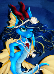 Size: 849x1157 | Tagged: safe, artist:cleferme, oc, oc only, hybrid, merpony, seapony (g4), siren, blue background, blue mane, commission, dorsal fin, female, fins, fish tail, flowing mane, flowing tail, gem, horns, jewelry, looking at you, mare, necklace, ocean, one eye closed, pearl necklace, seashell, simple background, smiling, smiling at you, solo, tail, teeth, underwater, water, wink