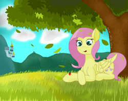 Size: 3800x3000 | Tagged: safe, artist:galaxymike, fluttershy, insect, ladybug, pegasus, pony, g4, blue eyes, canterlot, crossed hooves, folded wings, grass, high res, leaves, lying down, pink mane, prone, solo, tree, wings, yellow coat