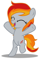 Size: 2110x3220 | Tagged: safe, artist:strategypony, oc, oc only, oc:tridashie, pegasus, pony, ^^, arms in the air, bipedal, cute, dancing, eyes closed, female, filly, foal, full body, gray coat, happy, high res, hooves, multicolored hair, multicolored mane, multicolored tail, ocbetes, open mouth, open smile, orange mane, pegasus oc, shadow, show accurate, simple background, smiling, solo, standing, tail, transparent background, underhoof