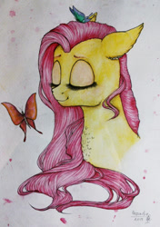 Size: 599x849 | Tagged: safe, artist:pessadie, fluttershy, butterfly, pony, g4, eyelashes, eyes closed, solo, traditional art