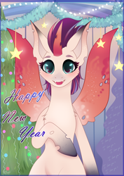Size: 2480x3508 | Tagged: safe, artist:77jessieponygames77, oc, oc only, alicorn, pony, alicorn oc, christmas, christmas tree, eyelashes, female, happy new year, high res, holiday, horn, mare, solo, tree, wings