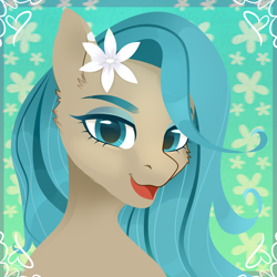 Size: 2600x2600 | Tagged: safe, artist:77jessieponygames77, oc, oc only, earth pony, anthro, abstract background, bust, earth pony oc, eyelashes, female, flower, flower in hair, makeup, solo