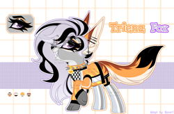 Size: 3800x2500 | Tagged: safe, artist:henori_artist, oc, oc only, fox, fox pony, hybrid, pony, base used, clothes, countershading, ear piercing, eyelashes, female, grin, high res, mare, piercing, raised hoof, reference sheet, smiling, solo