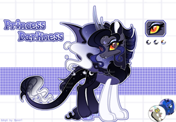 Size: 2100x1460 | Tagged: safe, artist:henori_artist, discord, princess luna, oc, alicorn, draconequus, hybrid, pony, g4, alicorn oc, base used, concave belly, eye clipping through hair, eyebrows, eyebrows visible through hair, eyelashes, fangs, female, hoof polish, horn, interspecies offspring, mare, offspring, parent:discord, parent:princess luna, parents:lunacord, reference sheet, signature, slender, smiling, solo, thin, wings