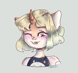 Size: 1900x1774 | Tagged: safe, artist:dillice, oc, oc only, unicorn, anthro, blushing, clothes, female, horn, mare, one eye closed, simple background, smiling, solo, unicorn oc, wink