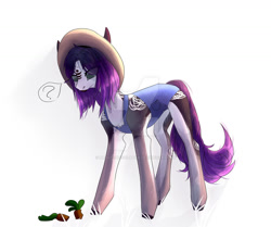 Size: 1280x1070 | Tagged: safe, artist:meggychocolatka, oc, oc only, earth pony, pony, concave belly, deviantart watermark, earth pony oc, female, hat, mare, obtrusive watermark, question mark, simple background, solo, tattoo, thin, watermark, white background