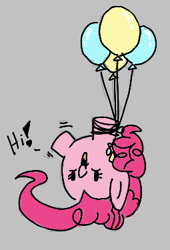 Size: 255x375 | Tagged: safe, artist:legendoflink, pinkie pie, two legged creature, g4, aggie.io, balloon, cute, dialogue, diapinkes, floating, la creatura, lowres, open mouth, simple background, smiling, text, then watch her balloons lift her up to the sky, upside down, waving