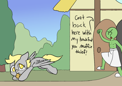 Size: 1414x1000 | Tagged: safe, alternate version, artist:happy harvey, derpy hooves, oc, oc:anon, human, pegasus, pony, g4, bush, clothes, cute, dialogue, dirt road, door, doorway, drawthread, fist, fleeing, food, grass, house, looking back, muffin, muffin thief, naked towel, open door, path, phone drawing, running, shaking, slippers, spread wings, stealing, thief, towel, towel around waist, tree, window, wings, yelling