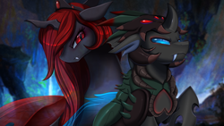 Size: 2920x1642 | Tagged: safe, artist:pridark, oc, oc only, oc:mobius, oc:redfang, changeling, changeling queen, fanfic:a noble death, changeling armor, fanfic art, female, red changeling, venator