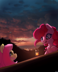 Size: 2592x3240 | Tagged: safe, artist:rainsketch, fluttershy, pinkie pie, pony, g4, cloud, duo, female, high res, lantern, looking at each other, looking at someone, mare, open mouth, open smile, prehensile mane, smiling, smiling at each other, sunset, twilight (astronomy)