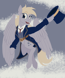 Size: 2000x2400 | Tagged: safe, artist:sixes&sevens, derpy hooves, pegasus, pony, g4, clothes, cloud, female, flying, freckles, hat, high res, limited palette, necktie, smiling, solo, suit, top hat
