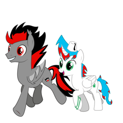 Size: 3000x3000 | Tagged: safe, artist:null-soka, oc, oc only, oc:ashesfire, oc:ghost null, alicorn, bat pony, pony, alicorn oc, bat pony oc, bat wings, bracelet, curved horn, duo, ear fluff, ear tufts, female, folded wings, grin, hat, high res, hooves, horn, jewelry, male, open mouth, open smile, raised hoof, running, show accurate, simple background, smiling, tail, two toned mane, two toned tail, white background, wings