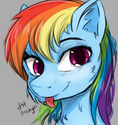 Size: 656x696 | Tagged: safe, artist:dashy21, rainbow dash, pegasus, pony, g4, :p, bust, ear fluff, female, gray background, looking at you, mare, portrait, signature, simple background, smiling, smiling at you, solo, tongue out