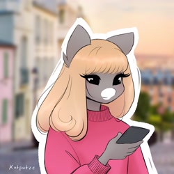 Size: 2048x2048 | Tagged: safe, artist:katputze, oc, oc only, earth pony, anthro, cellphone, clothes, coat markings, facial markings, female, high res, looking at something, looking down, mare, outline, phone, smartphone, snip (coat marking), solo, sweater, white outline