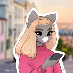 Size: 2048x2048 | Tagged: safe, artist:katputze, oc, oc only, earth pony, anthro, alternate hairstyle, cellphone, clothes, coat markings, facial markings, female, high res, looking at something, looking down, mare, outline, phone, smartphone, snip (coat marking), solo, sweater, white outline