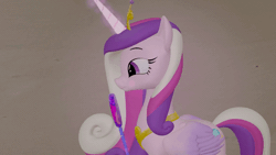 Size: 640x360 | Tagged: safe, artist:assertiveshy, princess cadance, alicorn, pony, g4, 3d, ^^, animated, candy, drool, ear flick, eyes closed, female, folded wings, food, gif, glowing, glowing horn, horn, licking, lollipop, magic, mare, smiling, solo, source filmmaker, telekinesis, tongue out, wings