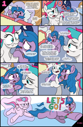 Size: 3000x4560 | Tagged: safe, artist:doodledonutart, izzy moonbow, zipp storm, pegasus, pony, unicorn, comic:sunny's gift, g5, comic, female, levitation, magic, mare, telekinesis