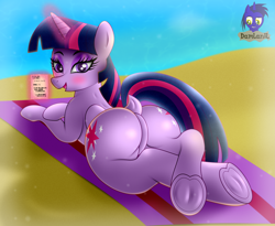 Size: 5075x4154 | Tagged: safe, artist:damlanil, twilight sparkle, alicorn, pony, g4, absurd resolution, beach, beach towel, bedroom eyes, blushing, both cutie marks, butt, crossed hooves, crossed legs, cute, dock, featureless crotch, female, folded wings, glowing, glowing horn, happy, horn, looking at you, lying down, magic, magic aura, mare, open mouth, paper, plot, sand, smiling, solo, tail, twiabetes, twibutt, twilight sparkle (alicorn), underhoof, vector, water, wings