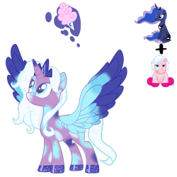 Size: 2164x2164 | Tagged: safe, artist:mint-light, artist:vernorexia, princess luna, oc, alicorn, pony, g4, adoptable, base used, colored hooves, colored wings, crown, cutie mark, eyeshadow, female, fusion, glitter, high res, jewelry, makeup, mare, multicolored coat, multicolored wings, patch, reference sheet, requested art, shipping, simple background, solo, sparkles, sparkly hooves, spread wings, transparent background, webkinz, webkinz pink pony, white mane, wings