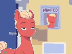 Size: 2000x1485 | Tagged: safe, artist:agfavio, sprout cloverleaf, earth pony, pony, g5, my little pony: tell your tale, :3, funny, garfield, i wonder who that's for, male, meme, outline, ponified meme, smug, solo, stallion, wanted poster