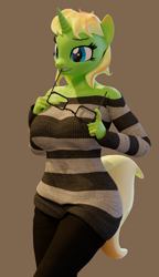 Size: 2360x4096 | Tagged: safe, artist:arcanetesla, oc, oc:mysti tesla, unicorn, anthro, 3d, blender, busty mysti tesla, clothes, female, off shoulder, off shoulder sweater, simple background, solo, sweater