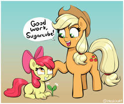 Size: 1968x1650 | Tagged: safe, artist:heretichesh, apple bloom, applejack, earth pony, pony, g4, adorabloom, applejack's hat, blushing, bow, cowboy hat, cute, dirty hooves, female, filly, foal, grin, hair bow, hair tie, hat, jackabetes, mare, plant, siblings, simple background, sisters, smiling, speech bubble, sprout, text