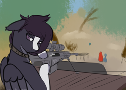 Size: 2000x1422 | Tagged: safe, oc, pegasus, pony, collar, gun, rifle, sketch, sniper, sniper rifle, weapon