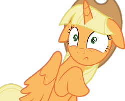 Size: 991x806 | Tagged: safe, artist:foxyfell1337, applejack, alicorn, pony, g4, the cutie map, alicornified, alternate hairstyle, applecorn, floppy ears, race swap, simple background, solo, transparent background