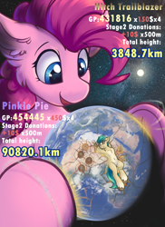 Size: 1600x2200 | Tagged: safe, artist:ravistdash, hitch trailblazer, pinkie pie, earth pony, pony, g5, spoiler:g5, destruction, earth, end of the world, female, growth drive, macro, magic, ocean, pony bigger than a planet, size difference, smiling, smirk, some mares just want to watch the world burn, space, text, underhoof, water