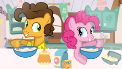 Size: 1280x720 | Tagged: safe, artist:mlplary6, cheese sandwich, pinkie pie, earth pony, pony, g4, boyfriend and girlfriend, cooking, female, looking at each other, looking at someone, male, mare, ship:cheesepie, shipping, smiling, stallion, straight
