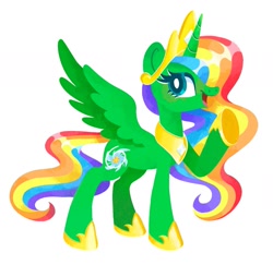Size: 1603x1559 | Tagged: safe, artist:squididdlee, oc, oc only, alicorn, pony, alicorn oc, female, full body, hoof shoes, hooves, horn, jewelry, mare, multicolored hair, multicolored mane, multicolored tail, open mouth, open smile, peytral, rainbow hair, rainbow tail, raised hoof, simple background, smiling, solo, spread wings, standing, tail, tiara, white background, wings