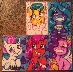 Size: 451x445 | Tagged: safe, artist:marybellamy, hitch trailblazer, izzy moonbow, pipp petals, sunny starscout, zipp storm, earth pony, pegasus, pony, unicorn, g5, beans, blushing, female, food, male, mane five, mare, phone, smiling, stallion, traditional art