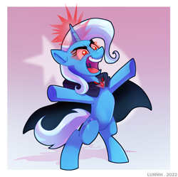 Size: 3253x3244 | Tagged: safe, artist:lummh, trixie, pony, unicorn, g4, magic duel, alicorn amulet, bipedal, cape, clothes, evil, evil trixie, female, glowing, glowing eyes, glowing horn, high res, horn, laughing, magic, mare, open mouth, red eyes, smiling, solo