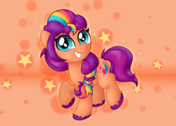 Size: 2828x2030 | Tagged: safe, artist:background basset, sunny starscout, earth pony, pony, g5, abstract background, braided ponytail, cute, female, grin, happy, high res, looking at you, mane stripe sunny, mare, multicolored hair, rainbow hair, raised hoof, smiling, solo, stars, sunnybetes, unshorn fetlocks