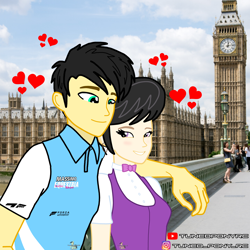 Size: 4096x4096 | Tagged: safe, artist:forzaveteranenigma, octavia melody, oc, oc:assetto-forza massimo, human, g4, big ben, canon x oc, elizabeth tower, female, heart, humanized, instagram, irl, irl human, london, looking at each other, looking at someone, love, male, photo, real life background, shipping, smiling, smiling at each other, straight, youtube