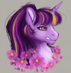 Size: 3100x3200 | Tagged: safe, artist:roselord, twilight sparkle, alicorn, pony, g4, alternate hairstyle, flower, gray background, high res, simple background, stern, twilight sparkle (alicorn)