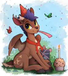 Size: 1500x1680 | Tagged: safe, artist:yakovlev-vad, oc, oc only, oc:arny, butterfly, deer, deer pony, original species, peryton, birthday, candle, colored belly, colored wings, cupcake, cute, food, hat, lacrimal caruncle, looking at you, pale belly, party hat, party horn, sitting, slender, solo, thin, two toned wings, wings