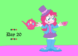 Size: 1480x1064 | Tagged: safe, artist:princess-josie-riki, pinkie pie, human, equestria girls, g4, alice in wonderland, boots, bowtie, clothes, crossover, cup, hat, high heel boots, high heels, mad hatter, shoes, teacup, teapot, top hat